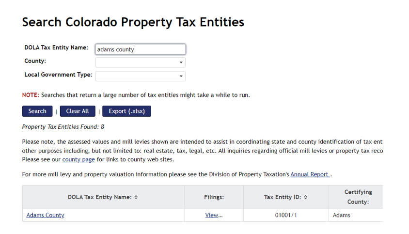 Search Colorado Property Tax Entities page with Adams County results