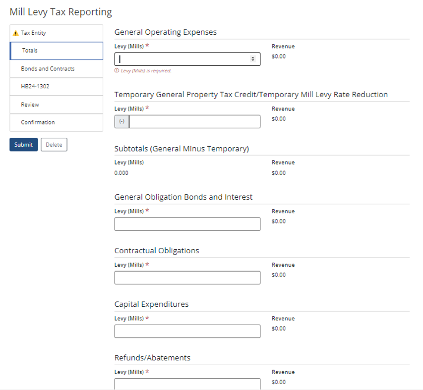 Mill Levy Tax Reporting form with fields for expenses, credits, bonds, obligations, expenditures, and abatements; includes submit and delete buttons