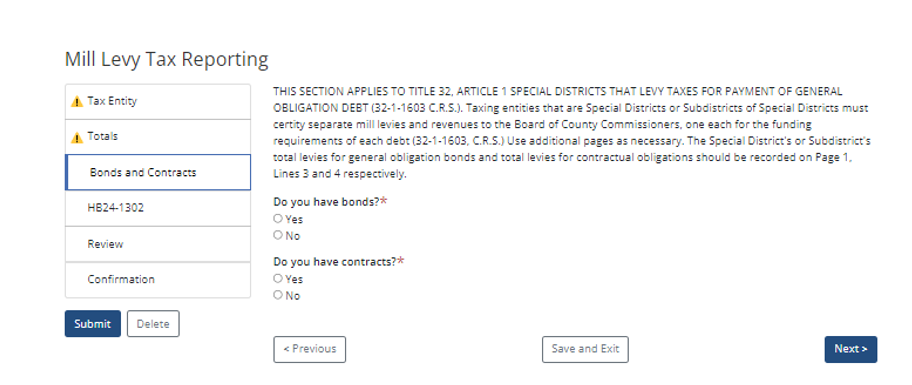 Mill Levy Tax Reporting interface displaying sections including Bonds and Contracts, with yes/no questions about bonds and contracts. Options include Submit, Delete, Previous, Save and Exit, and Next