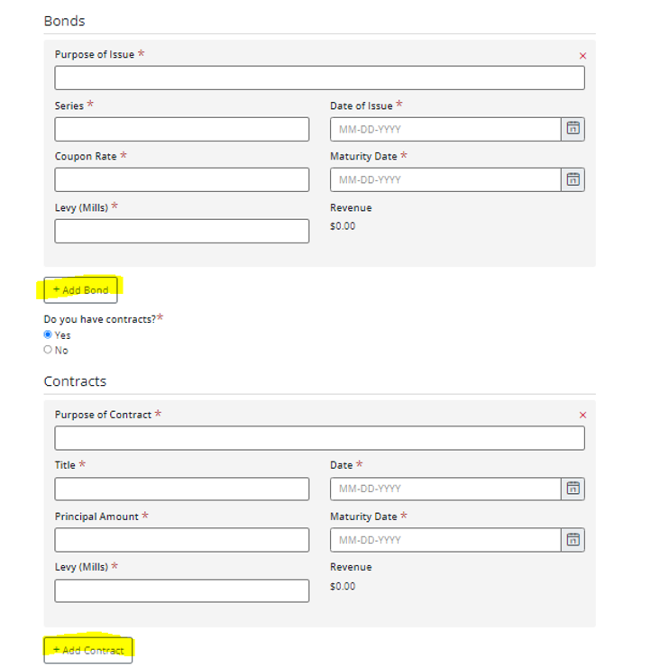 Form interface for entering bonds and contracts details, featuring fields for issue, series, dates, and revenue with add buttons