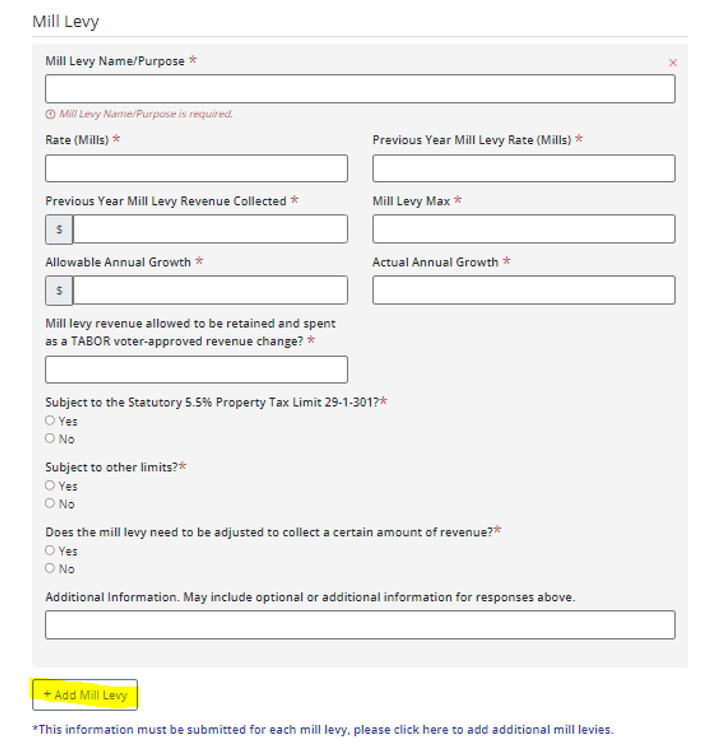 Mill Levy form with fields for name, rates, revenue, growth, limits, and information. Button labeled "+ Add Mill Levy" highlighted