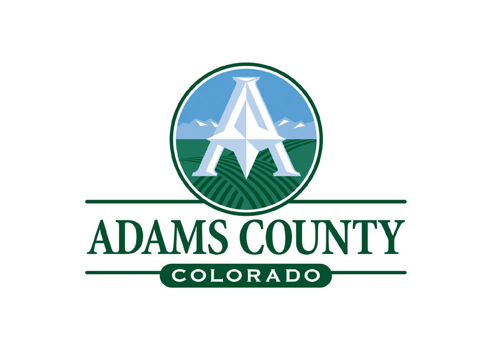 Adams County logo, stylized "A" over fields and mountains, with text "Adams County Colorado"
