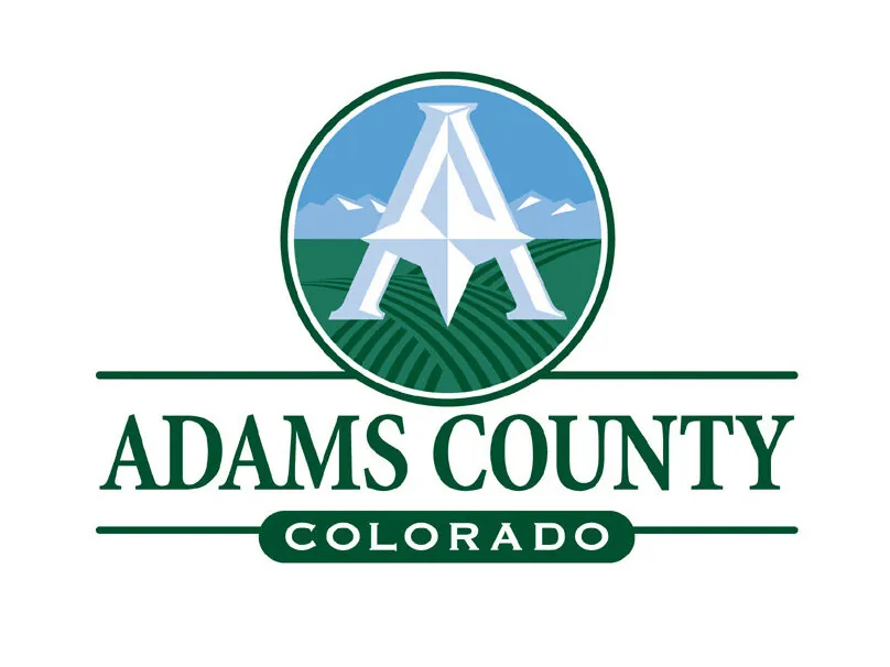 Adams County logo, stylized "A" over fields and mountains, with text "Adams County Colorado"