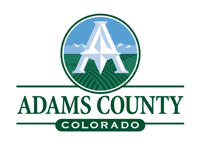 Adams County logo, stylized "A" over fields and mountains, with text "Adams County Colorado"