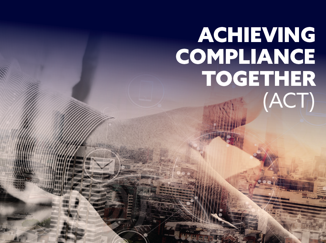Blended cityscape and handshake background with text "Achieving Compliance Together (ACT)" in bold white letters