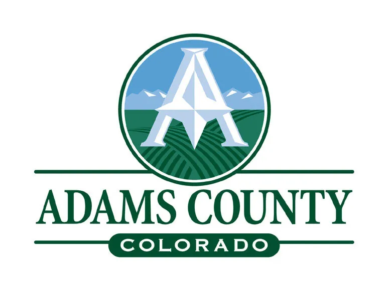 Adams County logo, stylized "A" over fields and mountains, with text "Adams County Colorado"