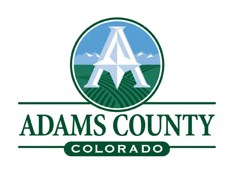 Adams County logo, stylized "A" over fields and mountains, with text "Adams County Colorado"