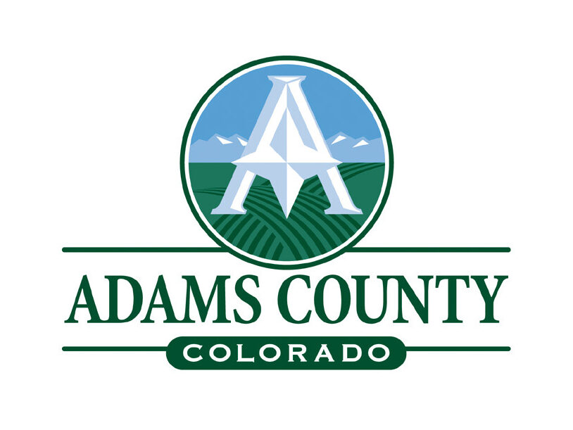 Adams County logo, stylized "A" over fields and mountains, with text "Adams County Colorado"