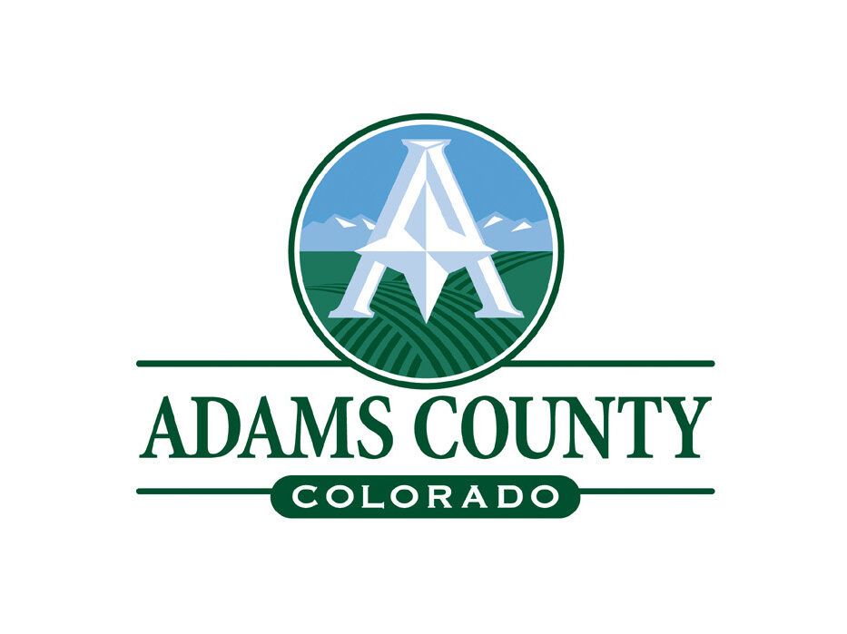 Adams County Colorado logo with mountain and farmland design