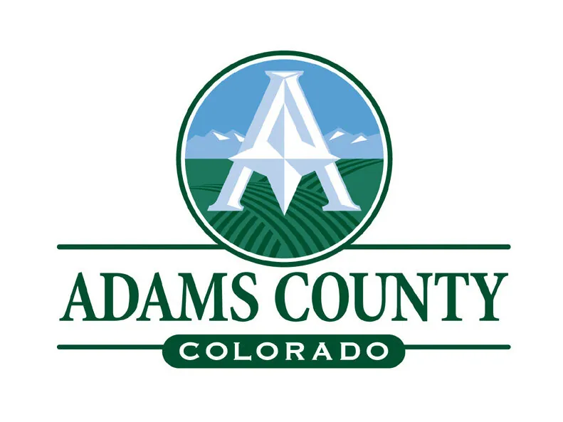 Adams County logo, stylized "A" over fields and mountains, with text "Adams County Colorado"