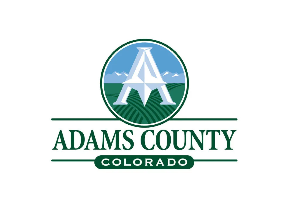 Adams County logo, stylized "A" over fields and mountains, with text "Adams County Colorado"