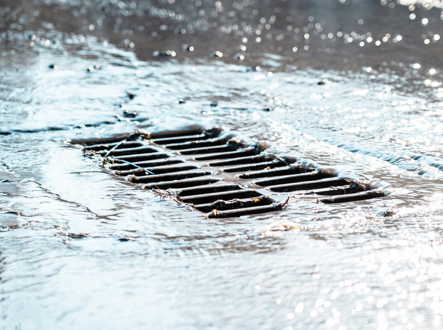 Water flowing over a street drain, partially submerged by debris