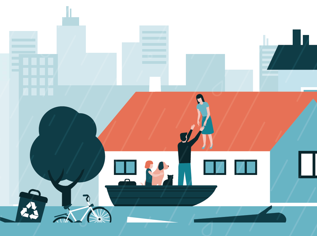 Flood rescue scene with people on roof and boat