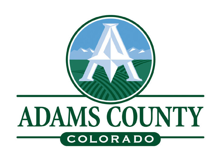 Adams County logo, stylized "A" over fields and mountains, with text "Adams County Colorado"