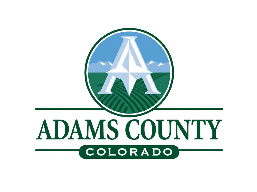 Adams County logo, stylized "A" over fields and mountains, with text "Adams County Colorado"