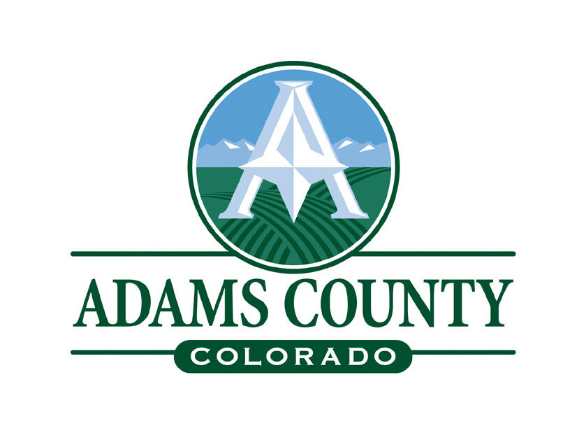 Adams County logo, stylized "A" over fields and mountains, with text "Adams County Colorado"