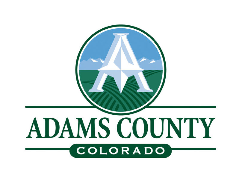 Adams County logo, stylized "A" over fields and mountains, with text "Adams County Colorado"