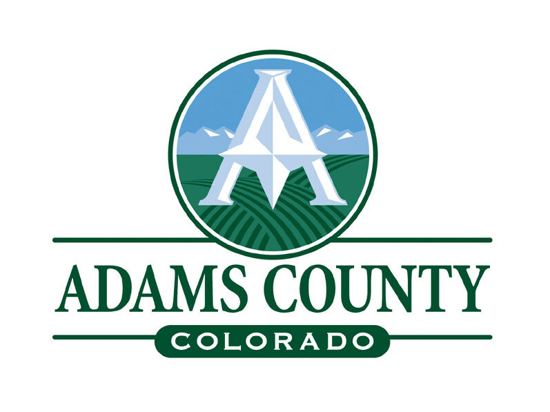 Adams County logo, stylized "A" over fields and mountains, with text "Adams County Colorado"