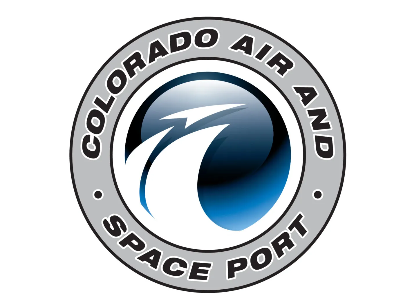 Colorado Air and Space Port logo, silver circle with blue globe and stylized arrow design
