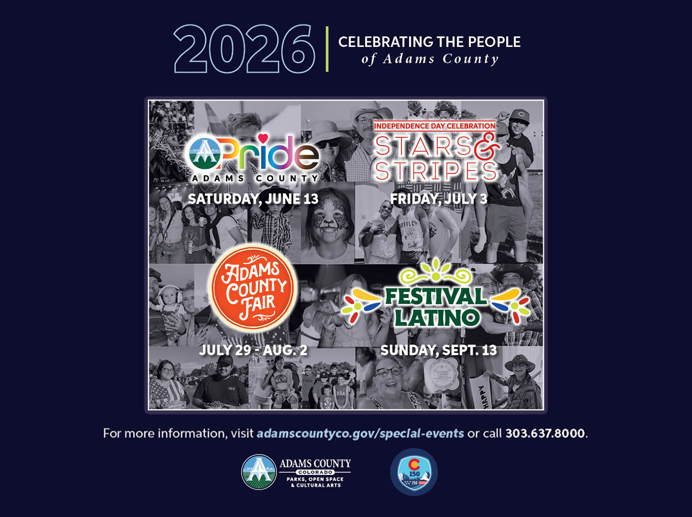 Adams County 2026 community events poster featuring Pride, Stars & Stripes, Fair, Festival Latino. Visit adamscountyco.gov/special-events