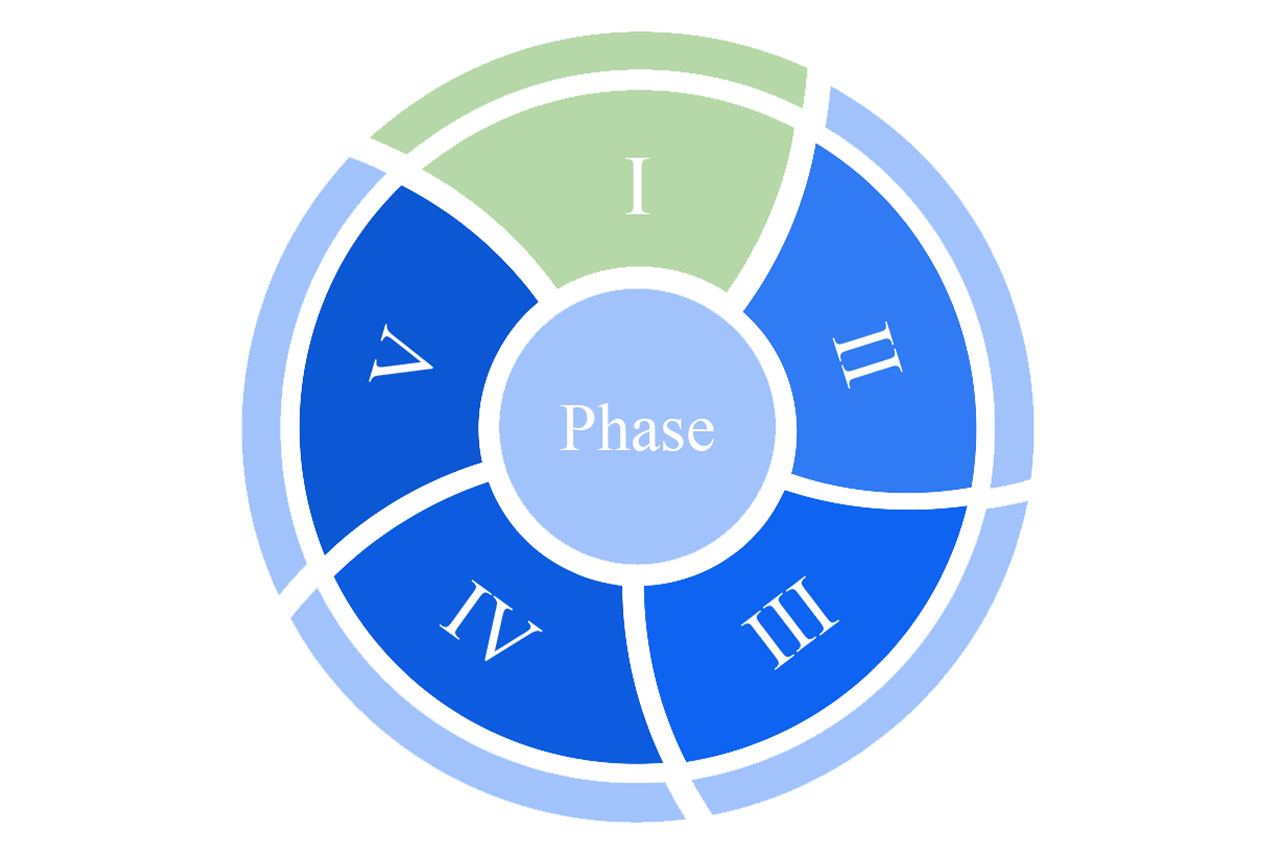 Circular diagram with center labeled "Phase," surrounded by segments I to V
