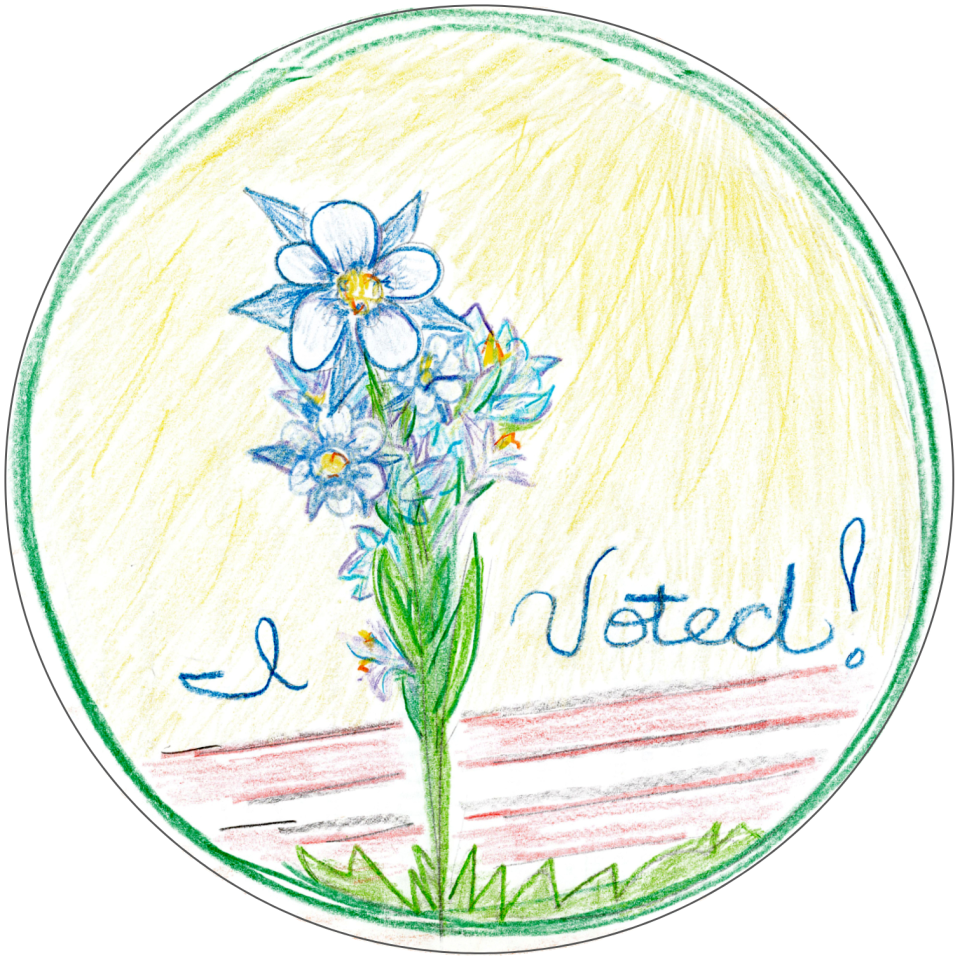 Illustration of a blue and white flower with "I Voted!" written next to it
