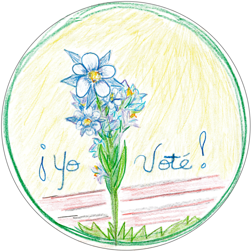 Drawing of blue flowers with the text “¡Yo Voté!”