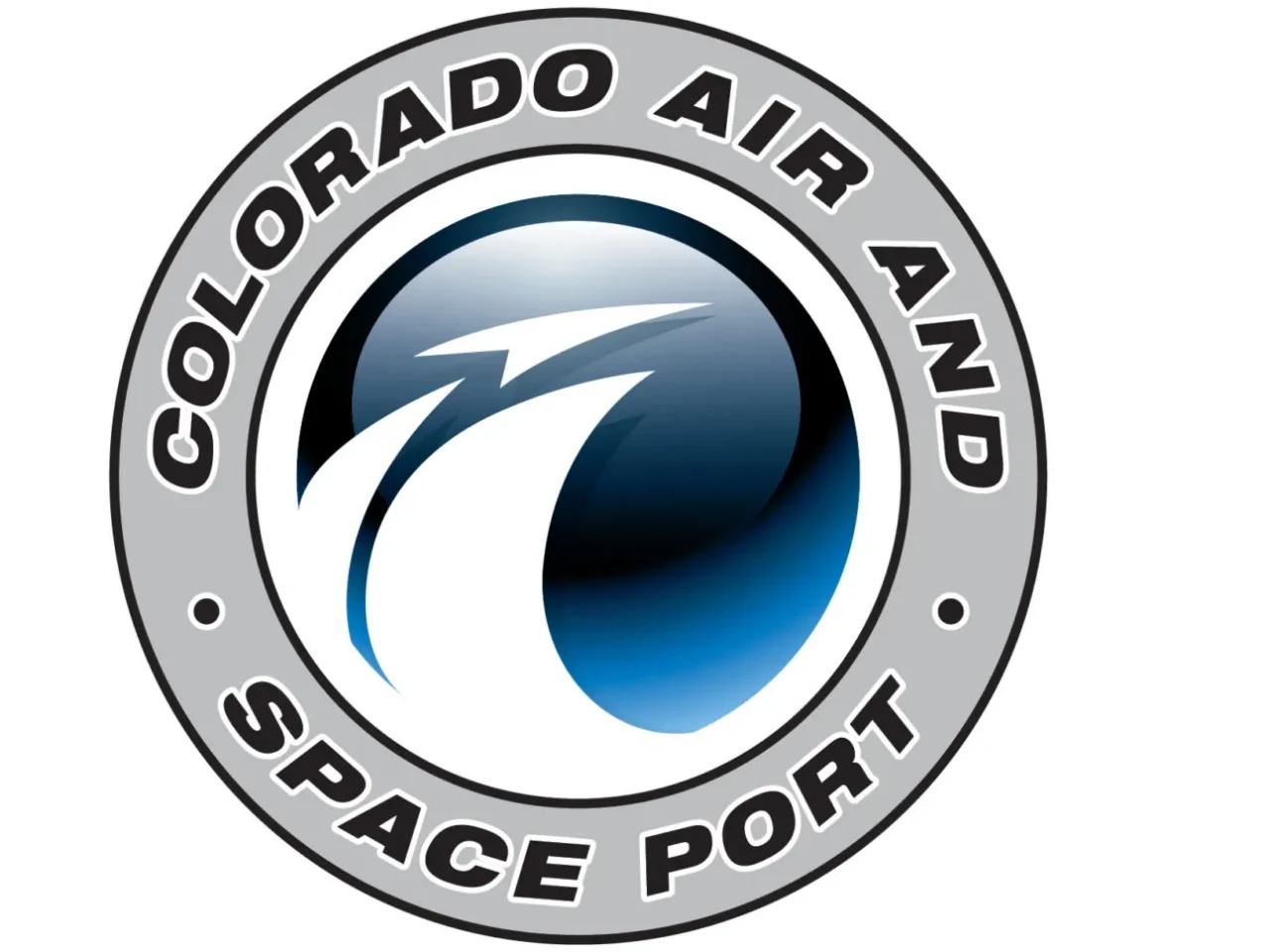 Colorado Air and Space Port logo, silver circle with blue globe and stylized arrow design