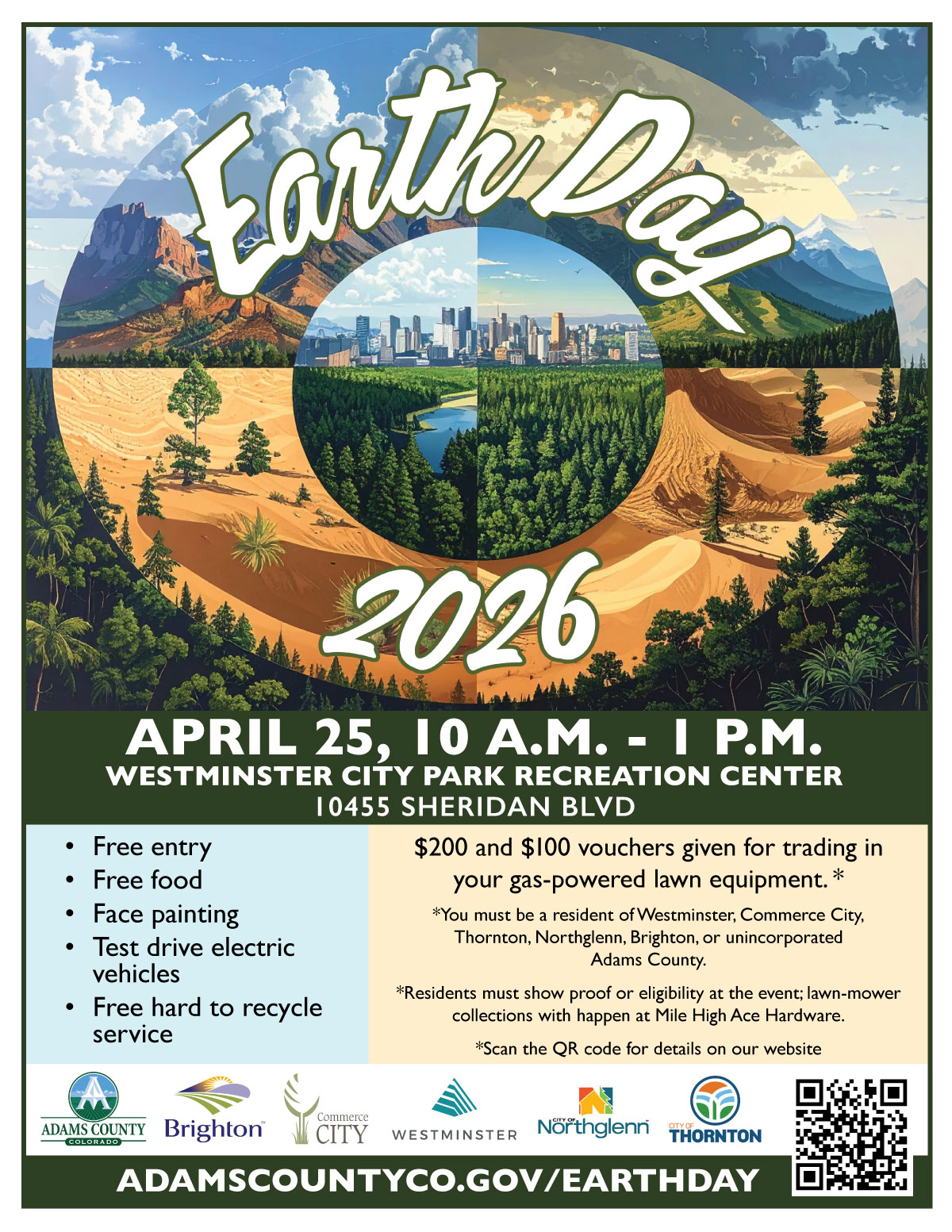 Earth Day 2026 event flyer with landscape illustration, April 25 at Westminster City Park, offering free entry, food, face painting, and electric vehicle test drives