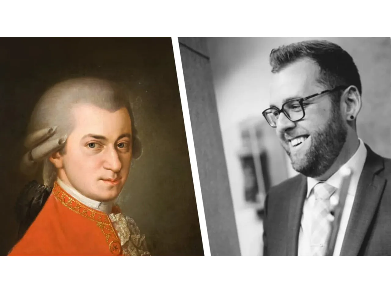 Mozart portrait next to smiling man in suit, glasses, and earring