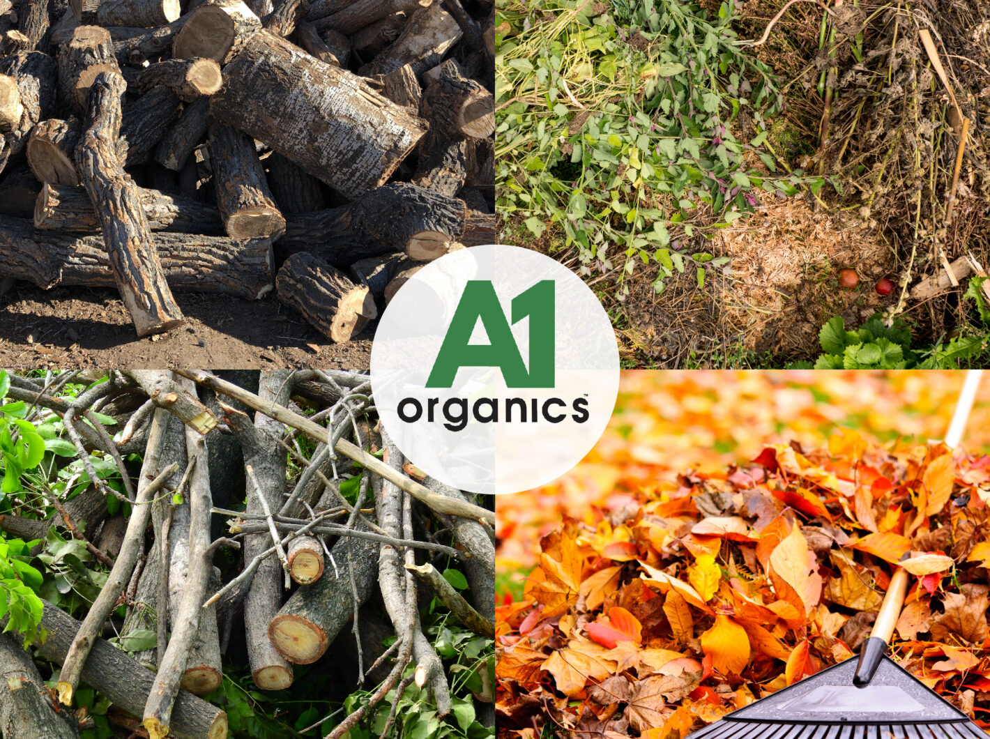 A1 Organics logo centered over images of logs, leaves, branches, and yard trimmings