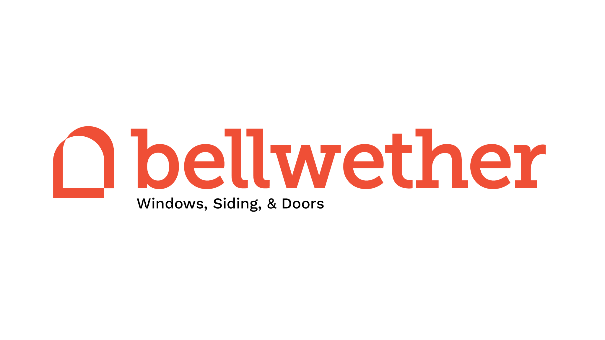 Bellwether logo with a stylized red arch icon, text in red saying "bellwether" and "Windows, Siding, & Doors" below in black