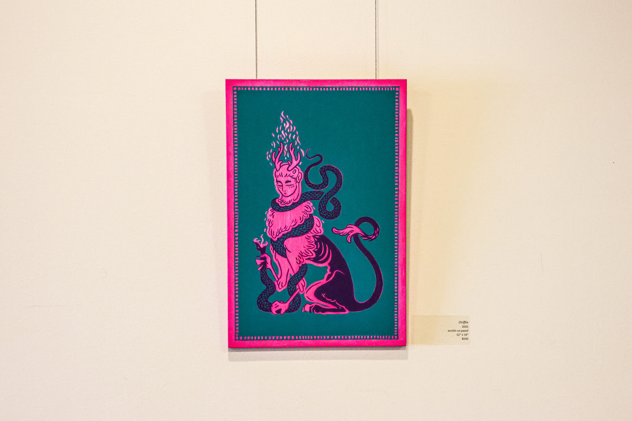 Pink and blue mythical creature artwork with intricate design, titled "Chieftain," priced at $220